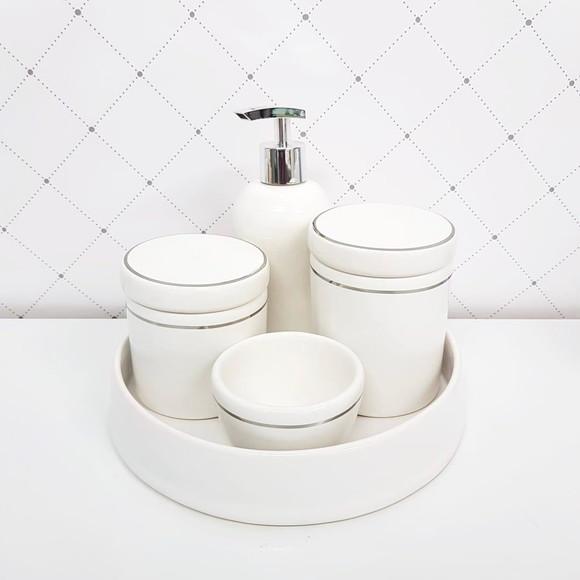 Kit Higiene Branco com Filete Prata - Bandeja Cerâmica