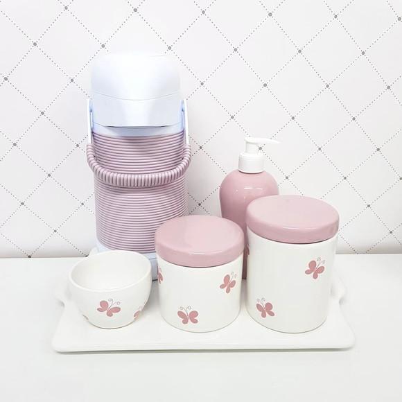 Kit Higiene Branco e Rosa Bebê Borboleta - Bandeja Reta