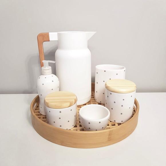 Kit Higiene Branco com Poás Cinzas Completo - Bandeja Bambu