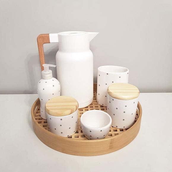 Kit Higiene Branco com Poás Cinzas Completo - Bandeja Bambu