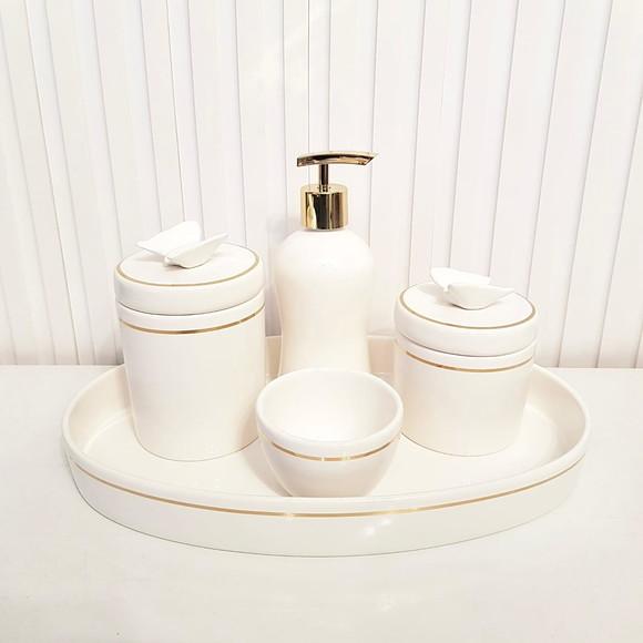 Kit Higiene Branco Filete Dourado Borboleta - Bandeja Oval