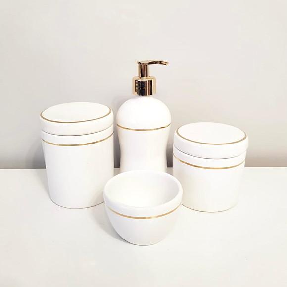 Kit Higiene Cerâmica Branca com Filete Dourado - 4 Peças