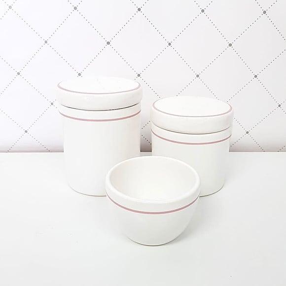 Kit Higiene Cerâmica Branca com Filete Rosa - 3 Peças