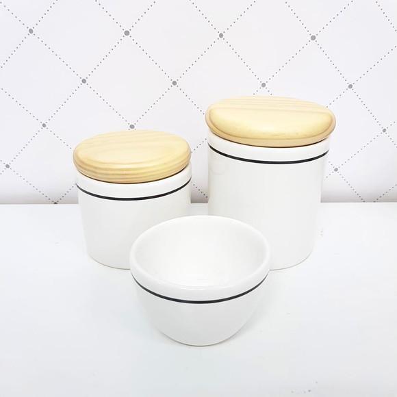 Kit Higiene Cerâmica Branca com Filete Preto - 3 Peças Pinus