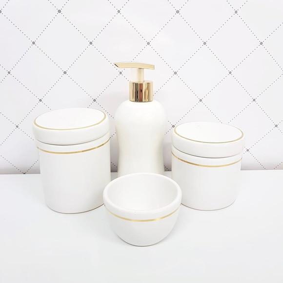 Kit Higiene Cerâmica Branca com Filete Dourado - 4 Peças