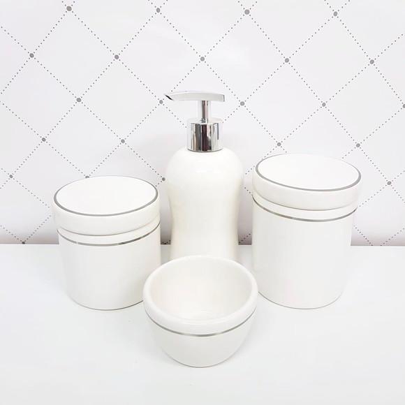 Kit Higiene Cerâmica Branca com Filete Prata - 4 Peças