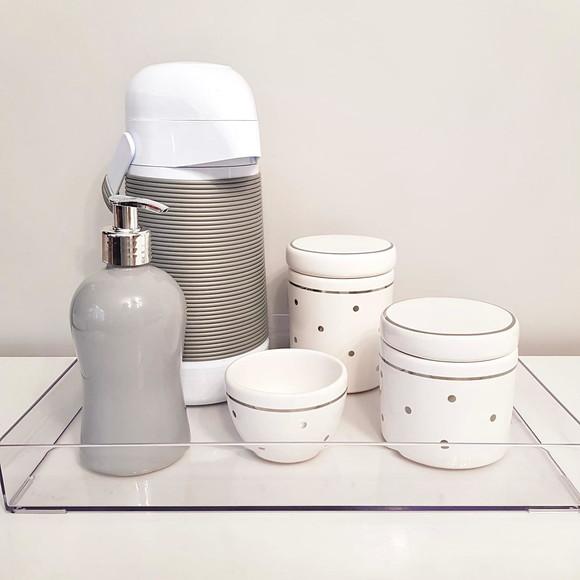 Kit Higiene Cinza e Branco com Poás Prata - Transparente