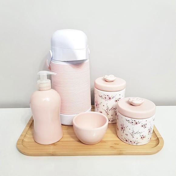 Kit Higiene Floral Cerejeira e Rosa Rosé - Bandeja Bambu