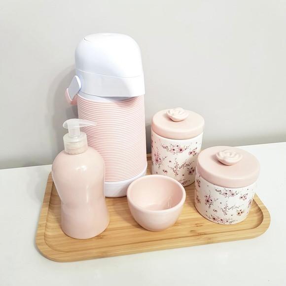 Kit Higiene Floral Cerejeira e Rosa Rosé - Bandeja Bambu
