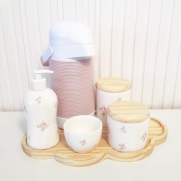 Kit Higiene Floral Rosa - Bandeja Nuvem Pinus + Alinhavada