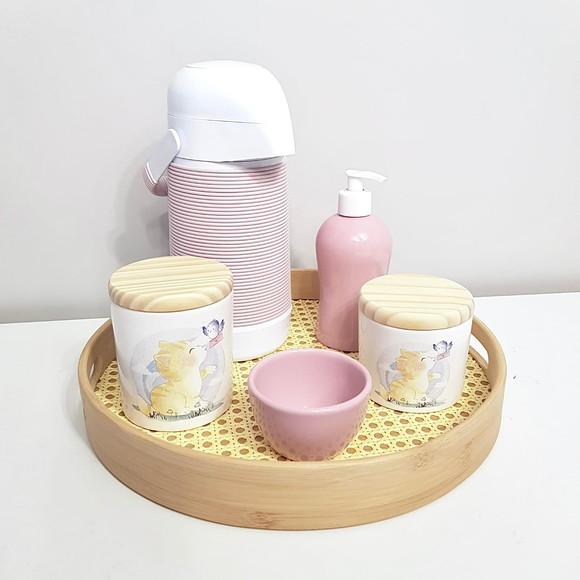Kit Higiene Gatinho Rosa Bebê e Amarelo - Bandeja Palhinha