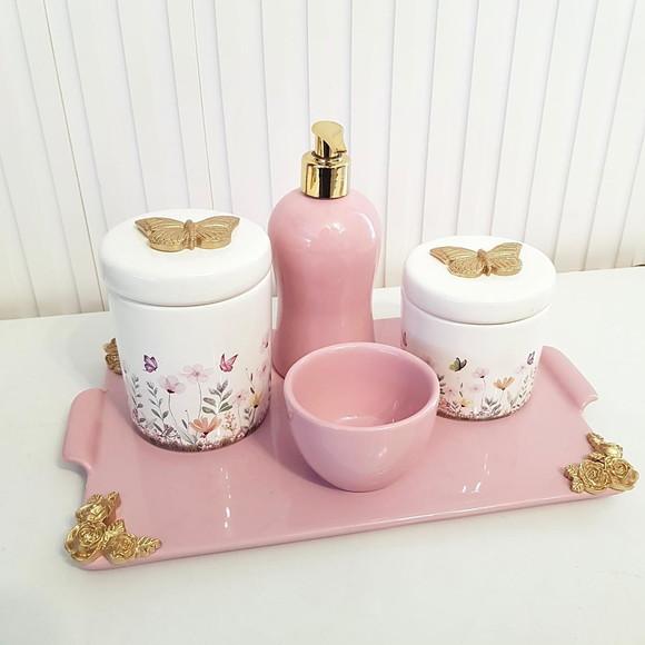 Kit Higiene Jardim Encantado Floral Rosa Detalhes Dourados