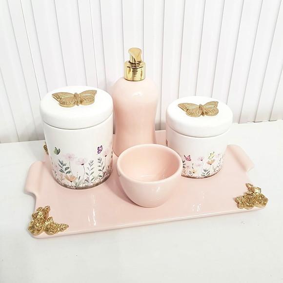 Kit Higiene Jardim Encantado Floral Rosé Detalhes Dourados