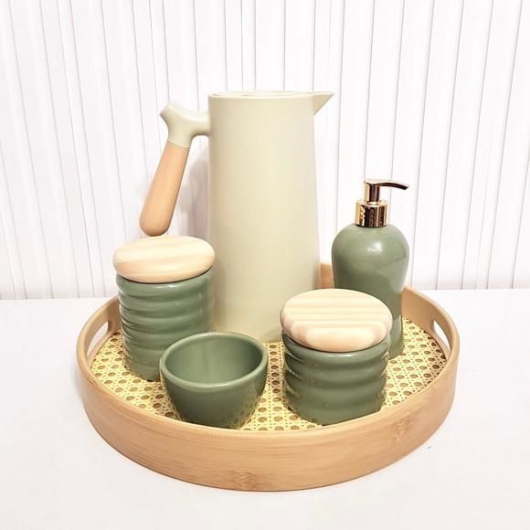 Kit Higiene Ondulado Verde Militar /oliva - Bandeja Palhinha