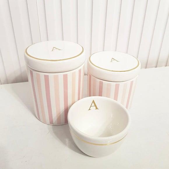 Kit Higiene Personalizado 3 Pçs Listras Rosa Filete Dourado