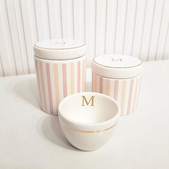 Kit Higiene Personalizado 3 Pçs Listras Rosa Filete Dourado