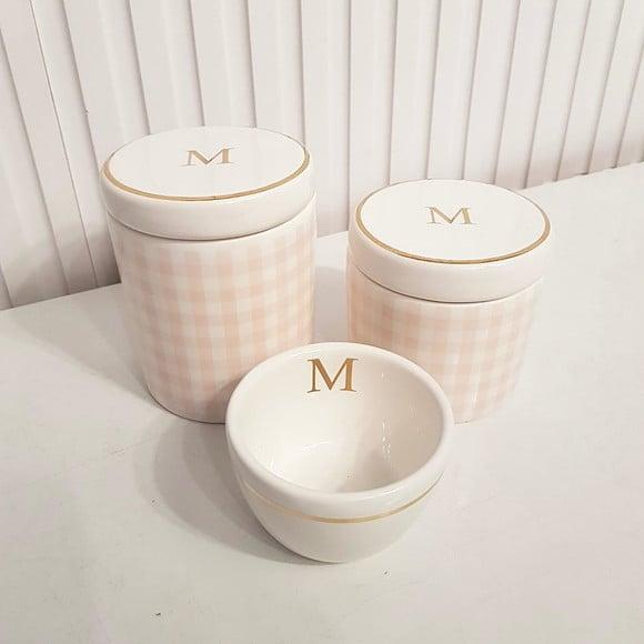 Kit Higiene Personalizado 3 Pçs Xadrez Rosa Filete Dourado