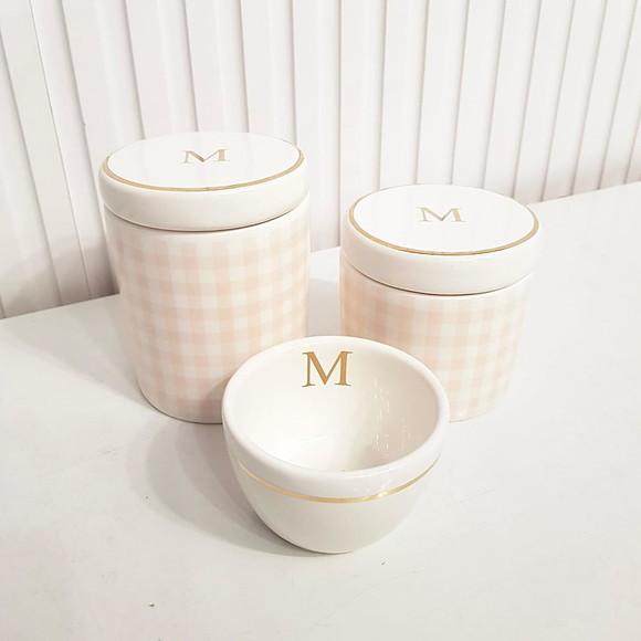 Kit Higiene Personalizado 3 Pçs Xadrez Rosa Filete Dourado