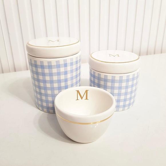 Kit Higiene Personalizado 3 Pçs Xadrez Azul Filete Dourado