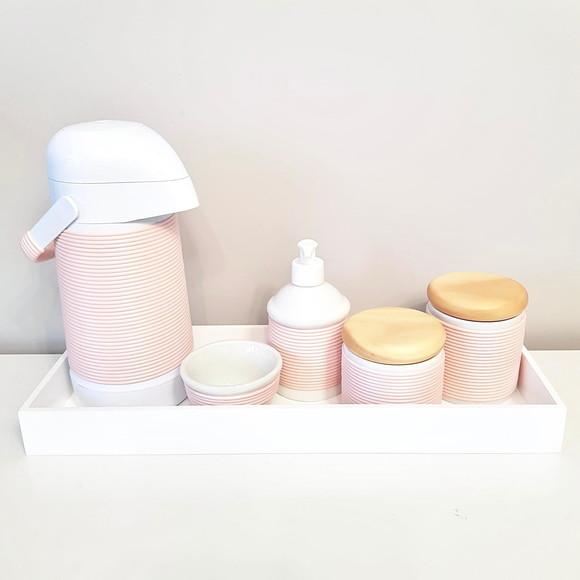 Kit Higiene Porcelana com Alinhavado Rosé - Bandeja 16x45cm