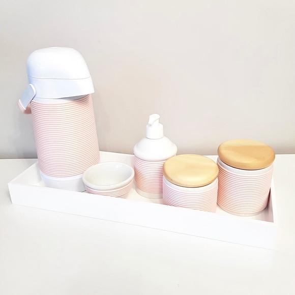 Kit Higiene Porcelana com Alinhavado Rosé - Bandeja 16x45cm