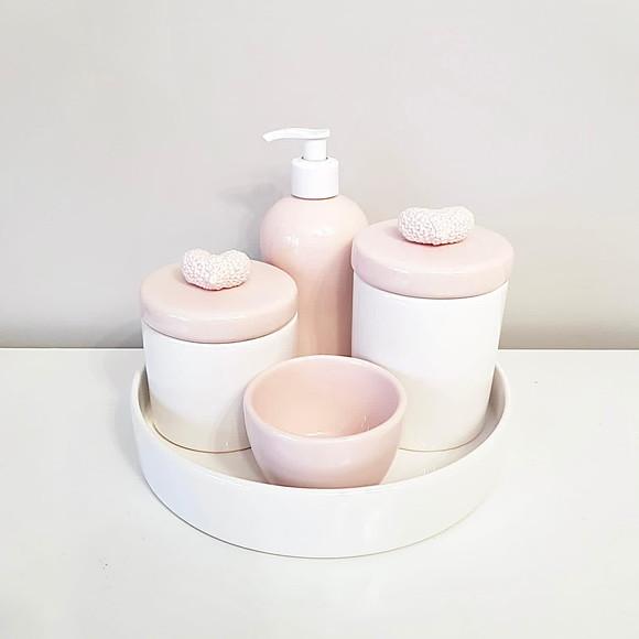 Kit Higiene Rosé e Branco Cerâmica - Aplique Crochê