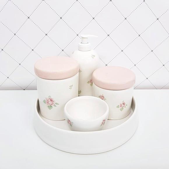 Kit Higiene Rosé e Branco Floral Cerâmica