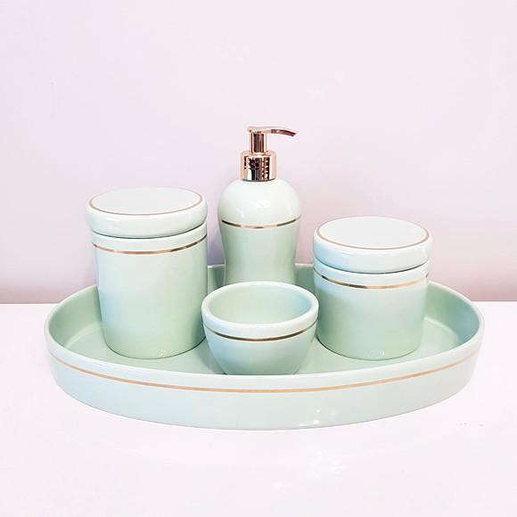 Kit Higiene Verde Bebê com Filete Dourado - Bandeja Oval