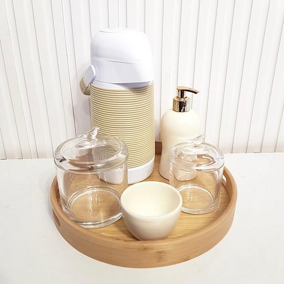 Kit Higiene Vidro Puxador Bird + Cerâmica Creme + Alinhavada