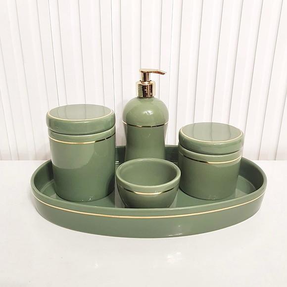 Kit Higiene Verde Militar com Filete Dourado - Bandeja Oval