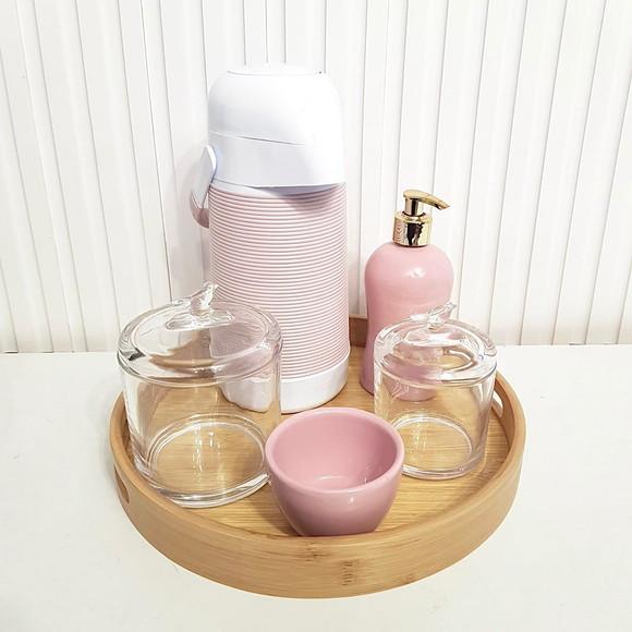 Kit Higiene Vidro Puxador Bird + Cerâmica Rosa + Alinhavada