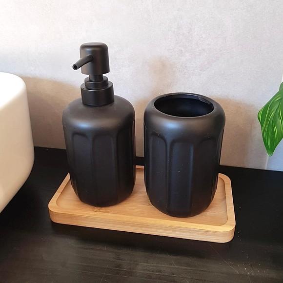 Kit Lavabo Banheiro Preto com Bandeja e Porta-escova