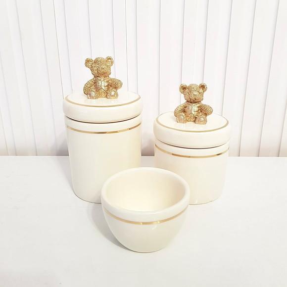 Par de Apliques Ursinho Dourado em Resina Kit Higiene Bebê