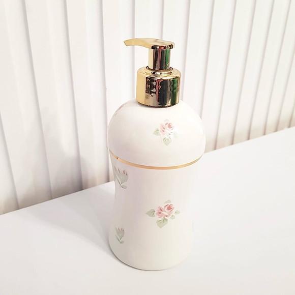 Porta Álcool-gel / Sabonete Cerâmica Floral Filete Dourado