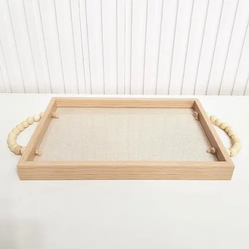 Bandeja 22x32cm Laminada Fundo Linho e Vidro + Alças Bolinha