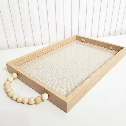 Bandeja 22x32cm Laminada Fundo Linho e Vidro + Alças Bolinha