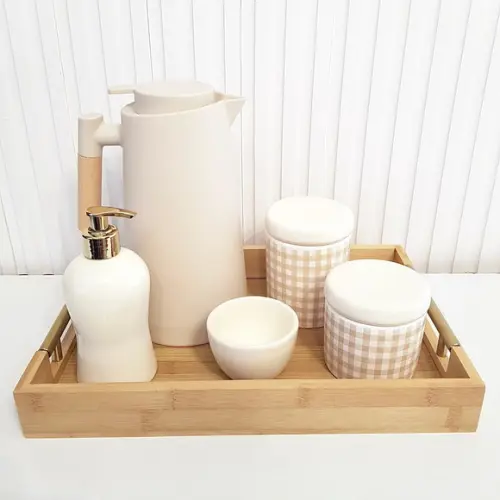 Bandeja 26x38cm Bambu Retangular Alças Douradas (fundo Mdf)