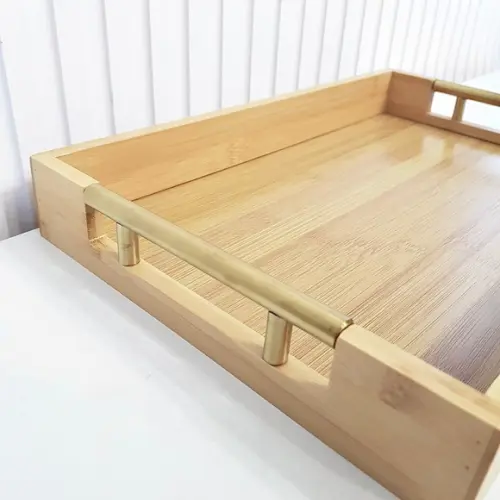 Bandeja 26x38cm Bambu Retangular Alças Douradas (fundo Mdf)