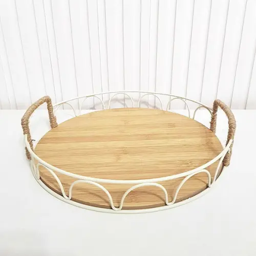 Bandeja 30cm Metal e Bambu Decorada - Creme Nude Kit Higiene