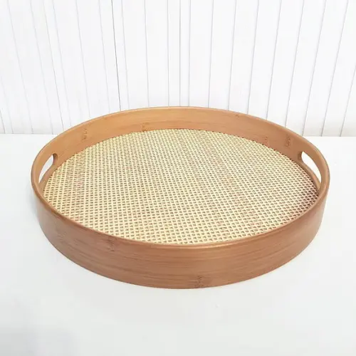 Bandeja 36cm Redonda de Bambu Fundo Textura Palhinha Xadrez