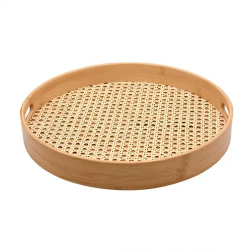 Bandeja 36cm Redonda de Bambu Fundo Textura Palha Indiana