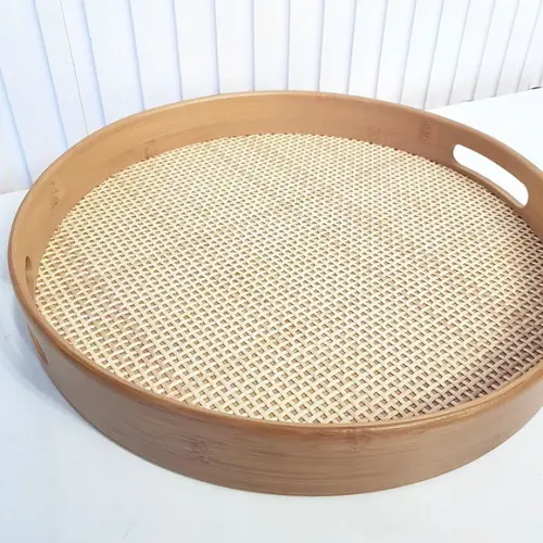 Bandeja 36cm Redonda de Bambu Fundo Textura Palhinha Xadrez