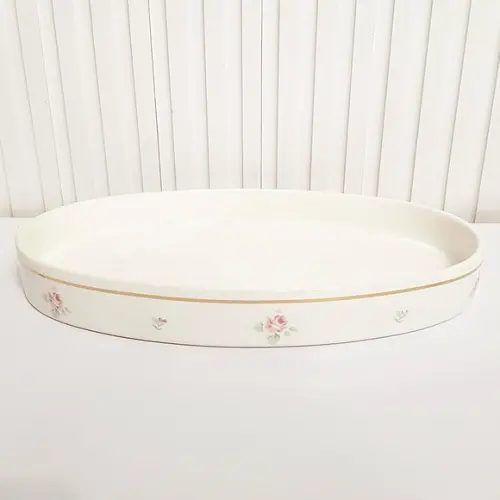Bandeja de Cerâmica Oval Branca Floral c/ Filete Dourado