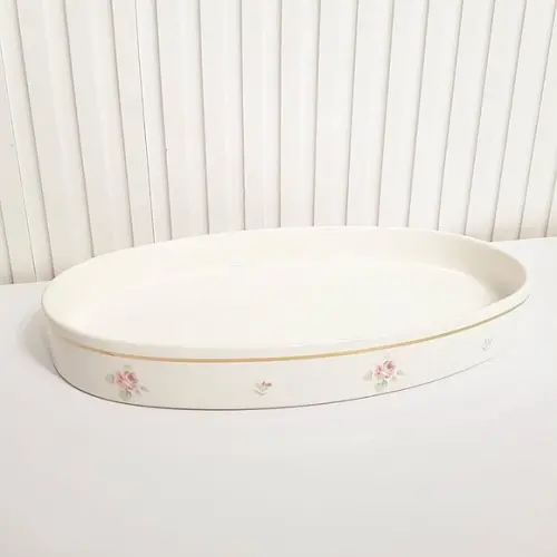 Bandeja de Cerâmica Oval Branca Floral c/ Filete Dourado