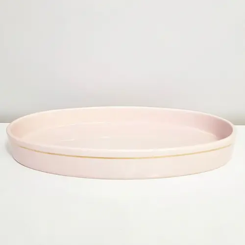 Bandeja de Cerâmica Oval Rosa Rosé com Filete Dourado