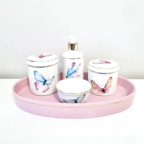 Bandeja de Cerâmica Oval Rosa Bebê com Filete Dourado