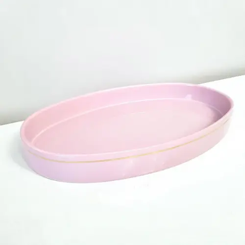Bandeja de Cerâmica Oval Rosa Bebê com Filete Dourado