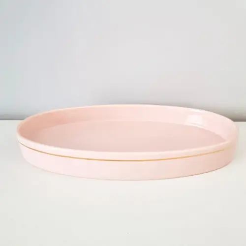 Bandeja de Cerâmica Oval Rosa Rosé com Filete Dourado