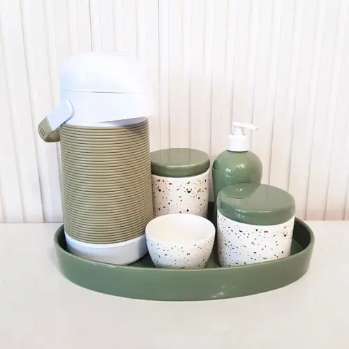 Bandeja de Cerâmica Oval Verde Militar / Oliva Kit Higiene