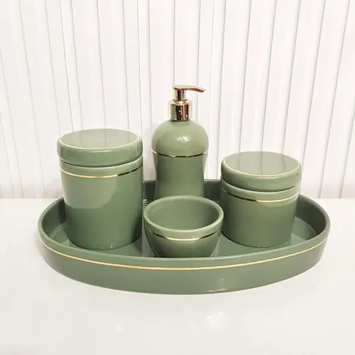 Bandeja de Cerâmica Oval Verde Militar com Filete Dourado